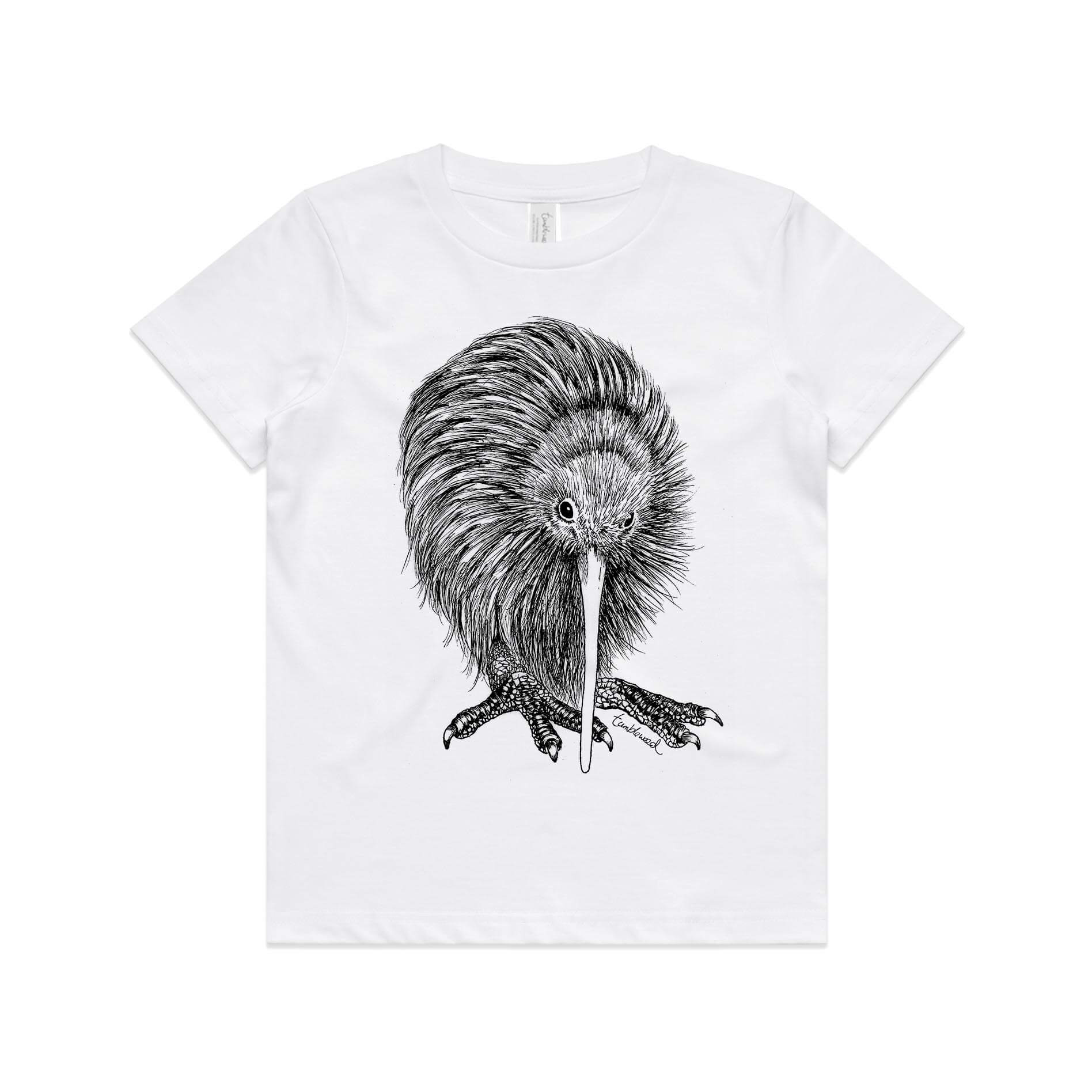 White, cotton kids' t-shirt with screen printed Kids kiwi design.