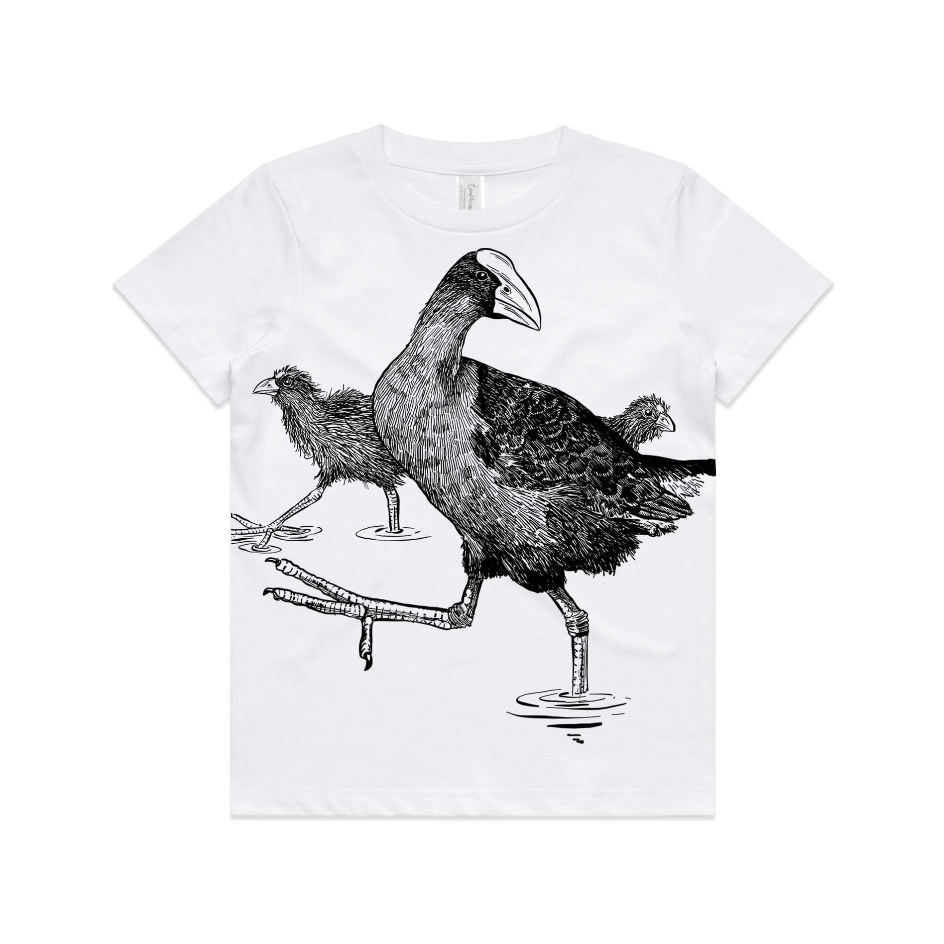 White, cotton kids' t-shirt with screen printed pūkeko design.