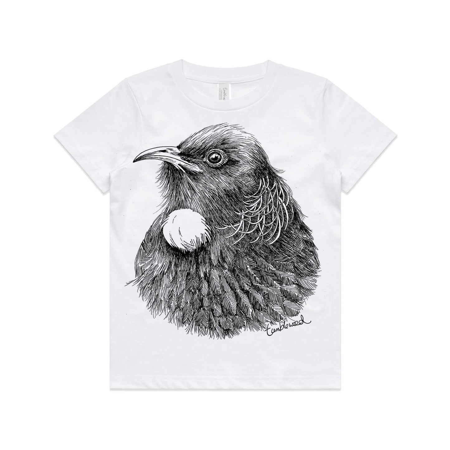 White, cotton kids' t-shirt with screen printed tui design.