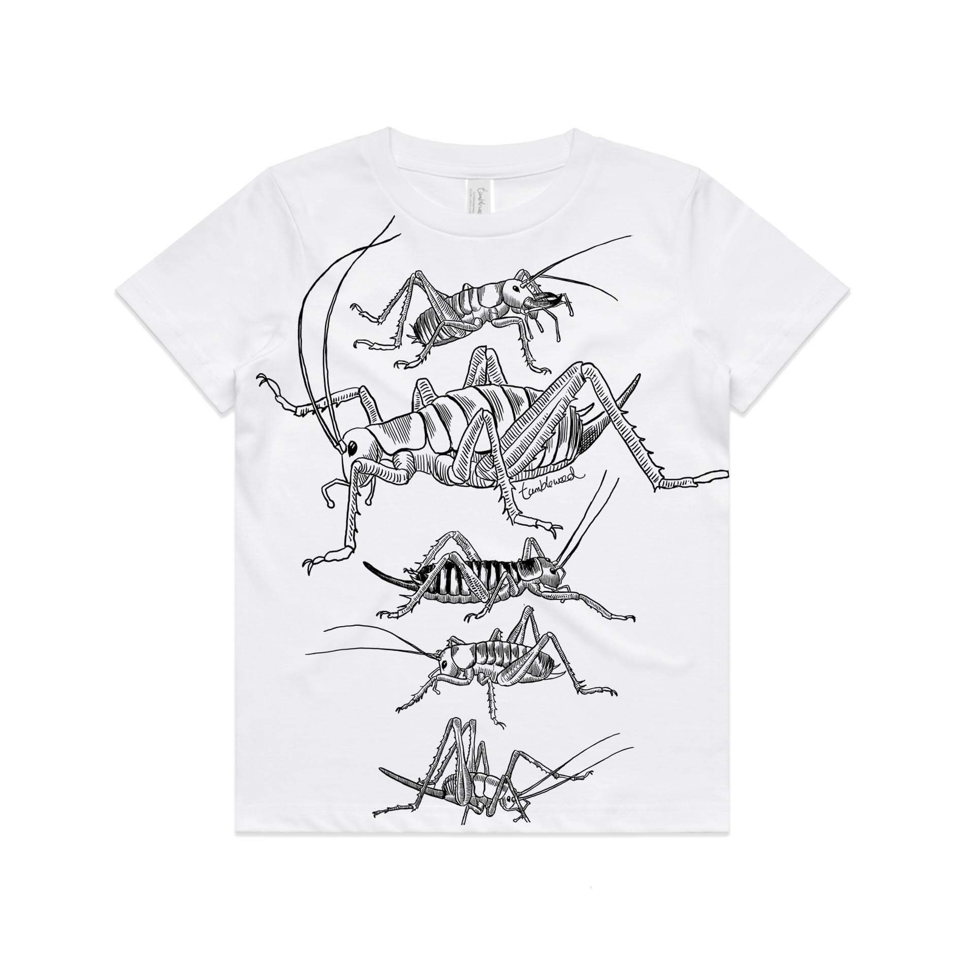 White, cotton kids' t-shirt with screen printed weta design.