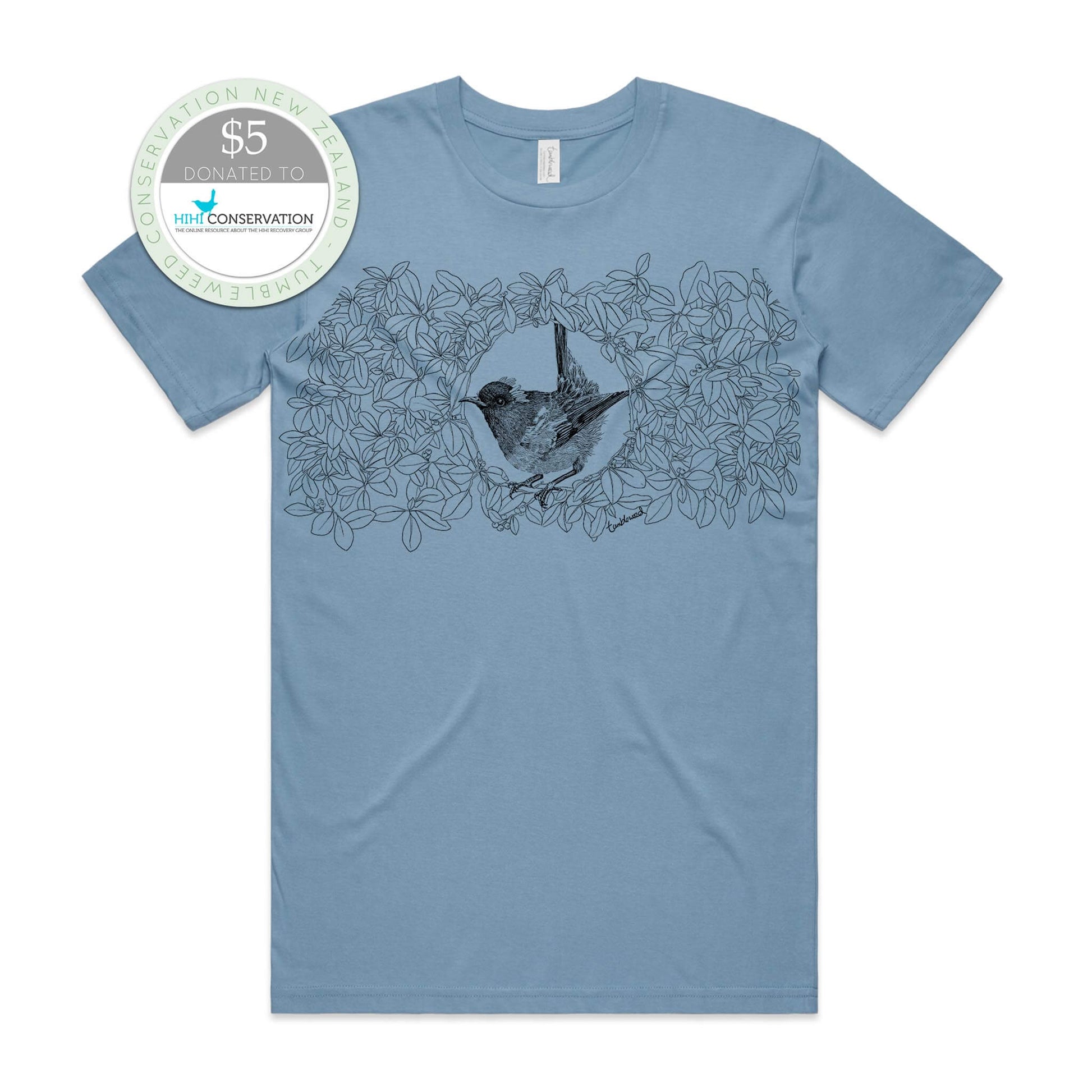 Sage, female t-shirt featuring a screen printed Hihi/Stitchbird design.