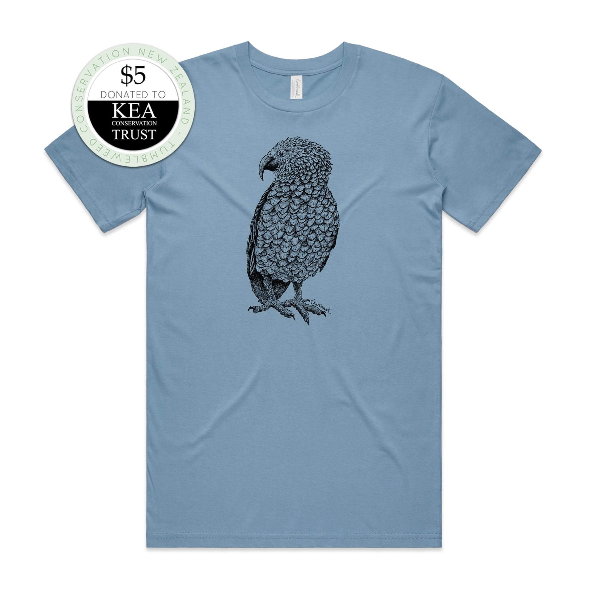 Sage, female t-shirt featuring a screen printed kea design.