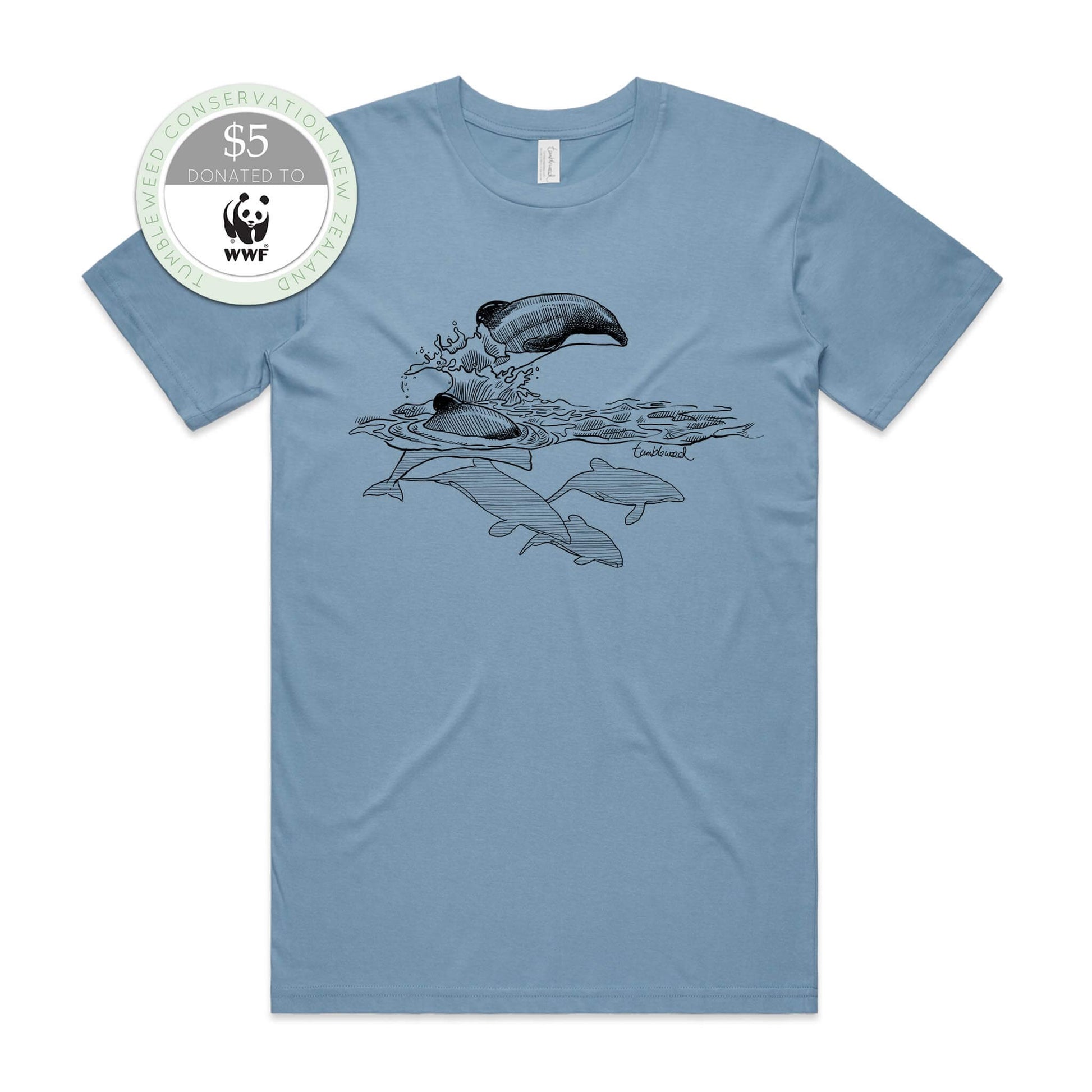 Sage, female t-shirt featuring a screen printed Māui dolphin design.