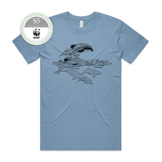 Sage, female t-shirt featuring a screen printed Māui dolphin design.