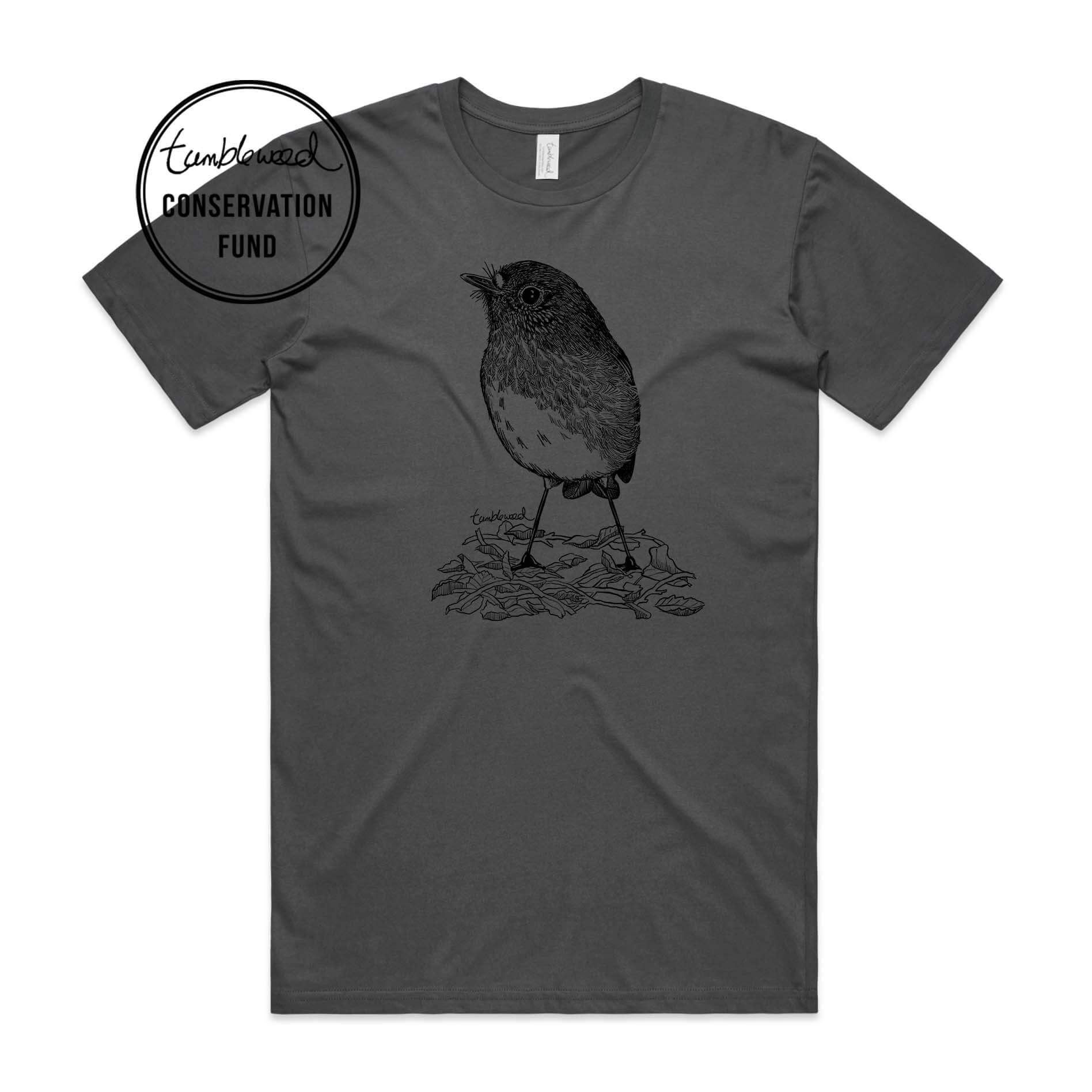 Charcoal, male t-shirt featuring a screen printed North Island Robin/toutouwai design.