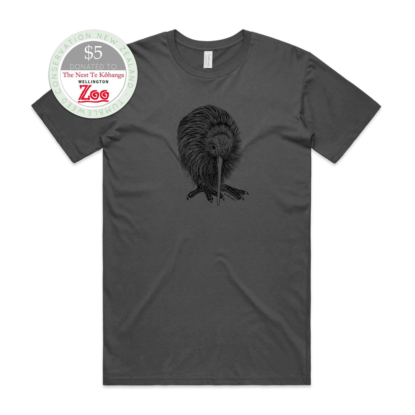 Charcoal, female t-shirt featuring a screen printed kiwi design.