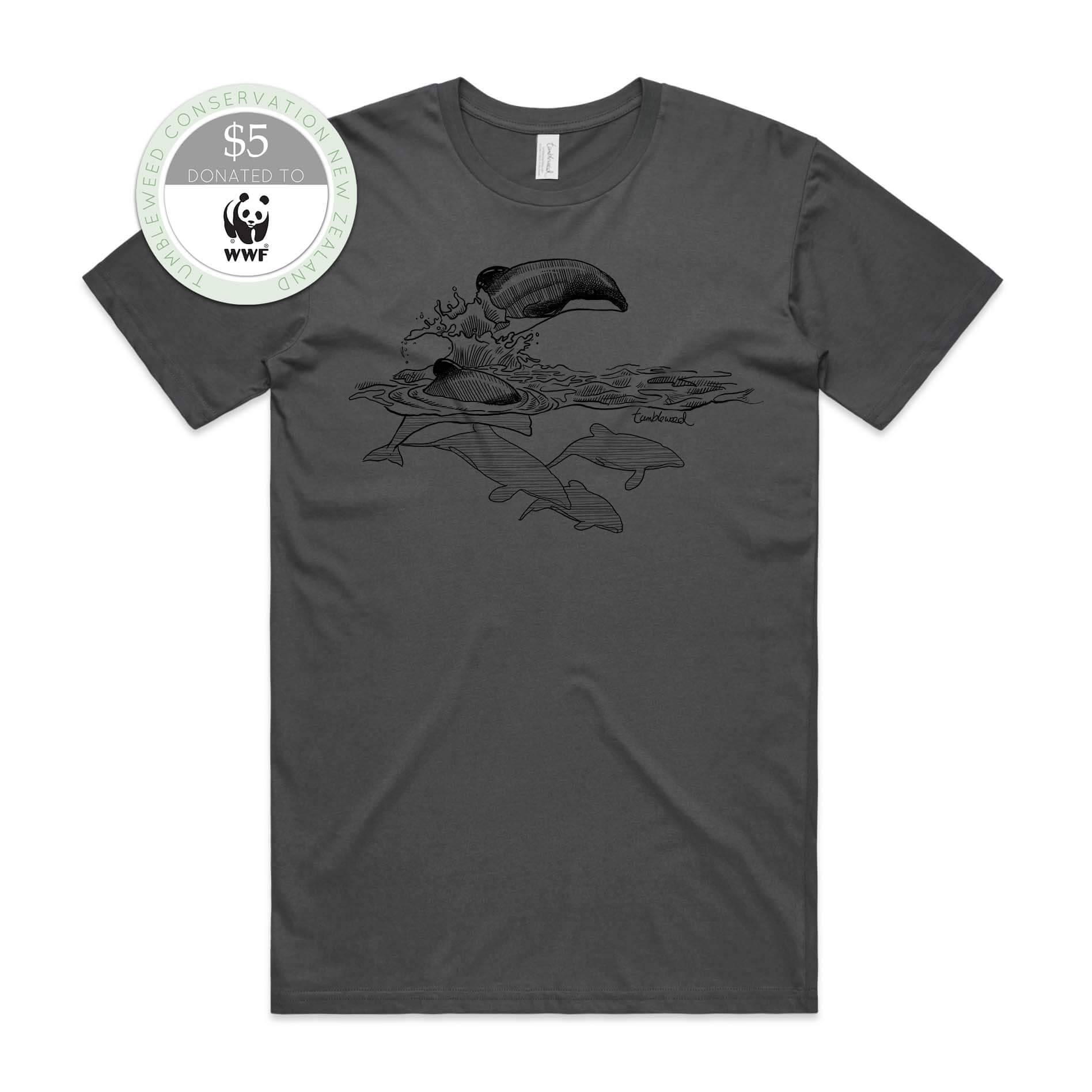 Charcoal, female t-shirt featuring a screen printed Māui dolphin design.