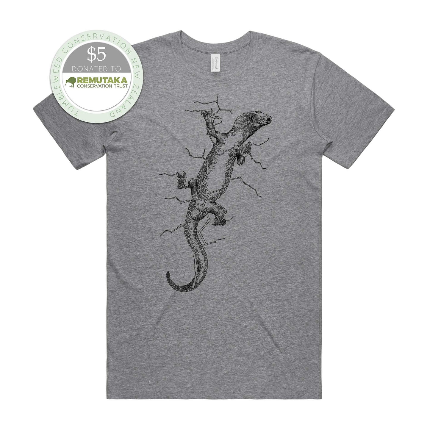 Sage, female t-shirt featuring a screen printed gecko design.