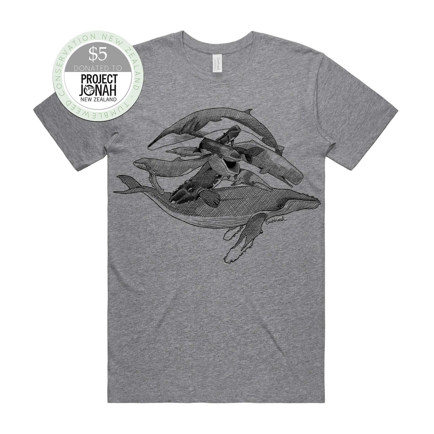 Grey marle, male t-shirt featuring a screen printed Whales design.