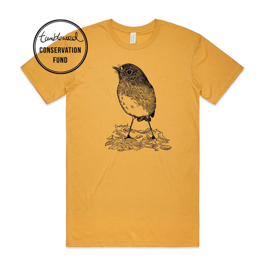 Mustard, male t-shirt featuring a screen printed North Island Robin/toutouwai design.