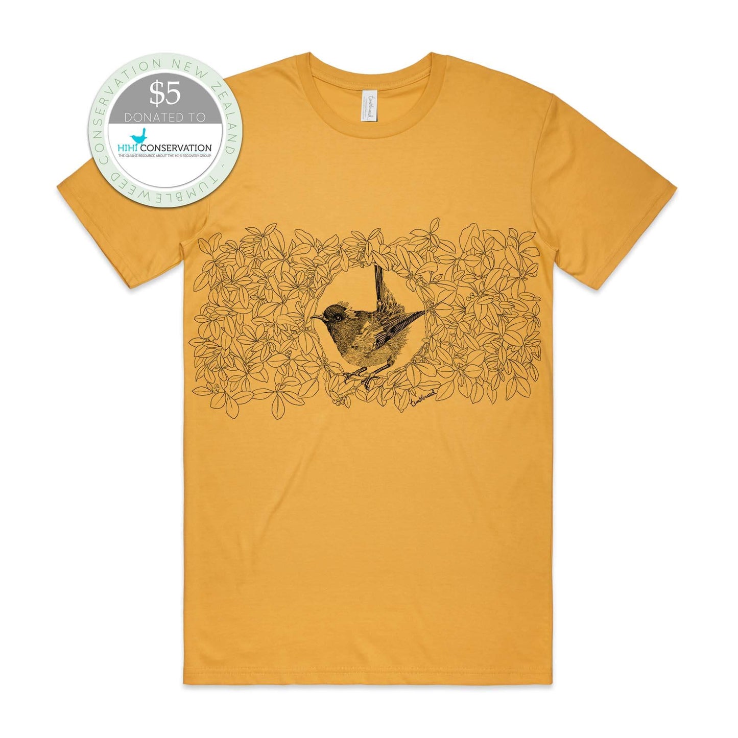 Charcoal, female t-shirt featuring a screen printed Hihi/Stitchbird design.