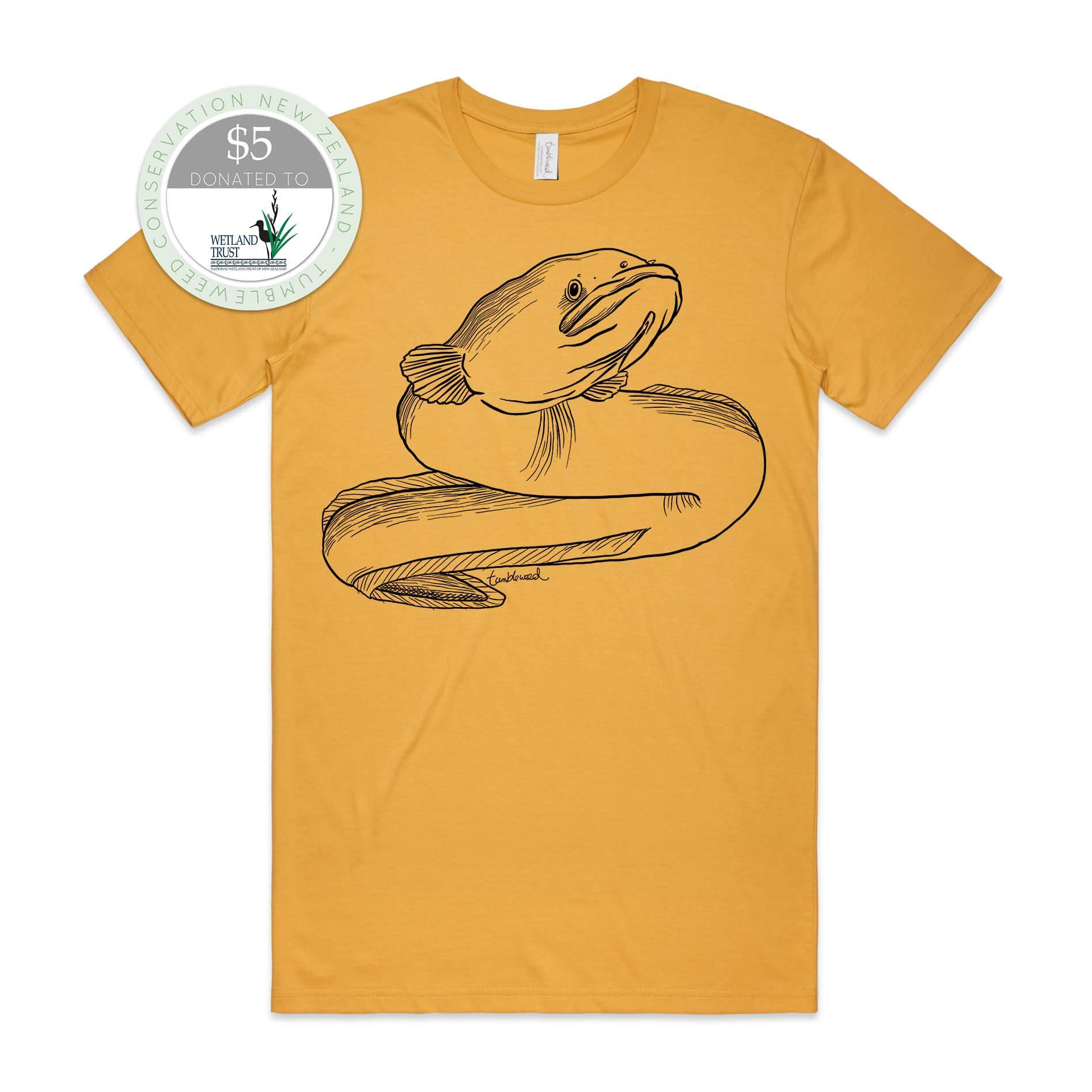 Charcoal, female t-shirt featuring a screen printed Longfin Eel/Tuna design.
