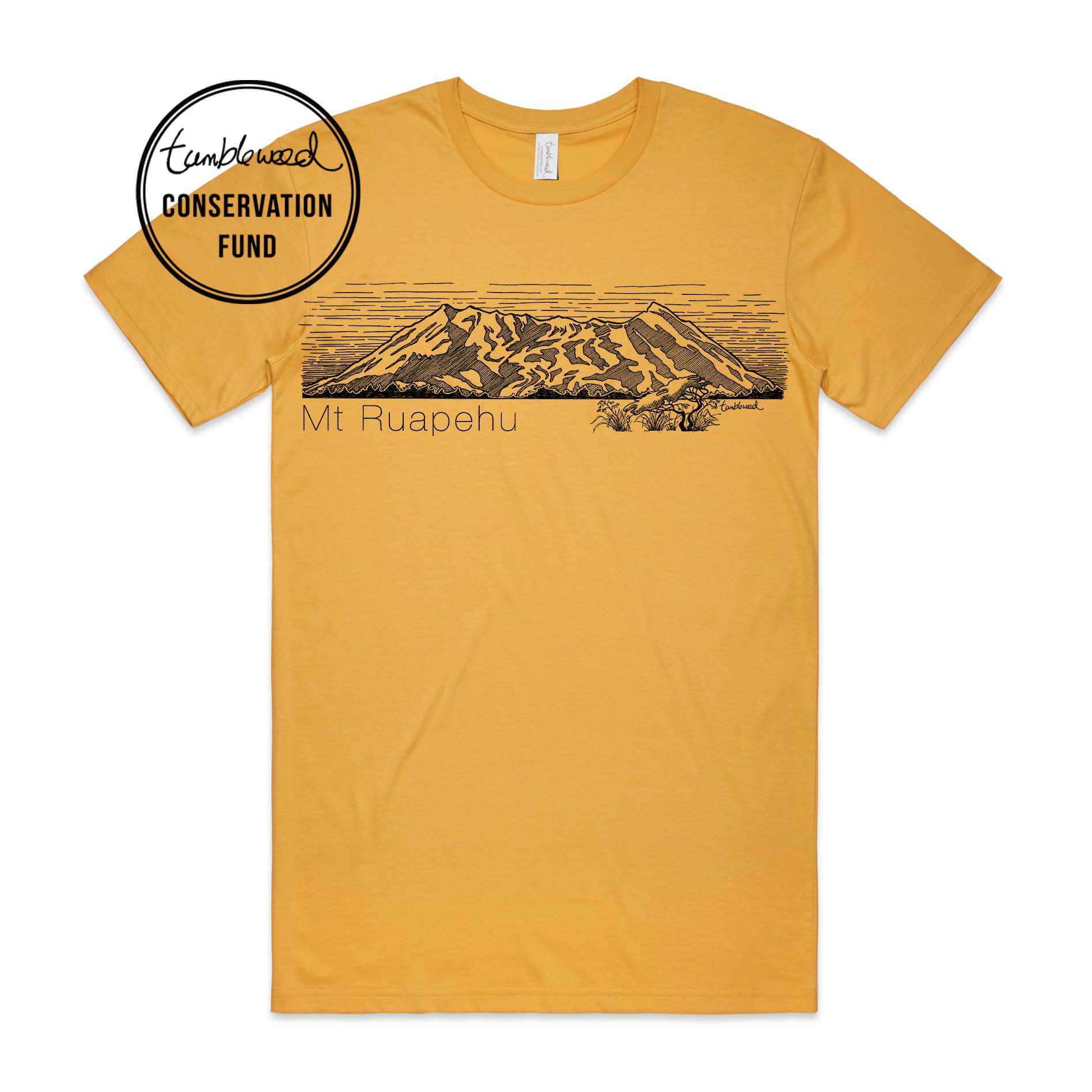 Mustard, female t-shirt featuring a screen printed Mt Ruapehu design.