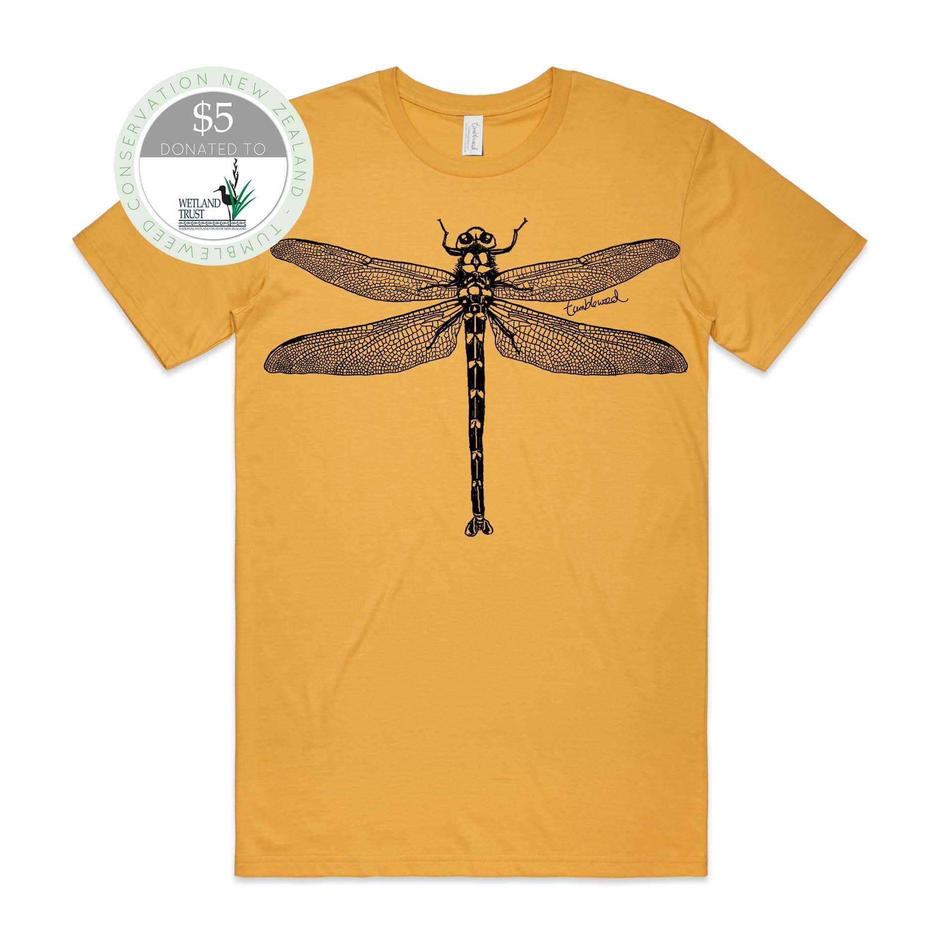 Mustard, female t-shirt featuring a screen printed black nz dragonfly design.