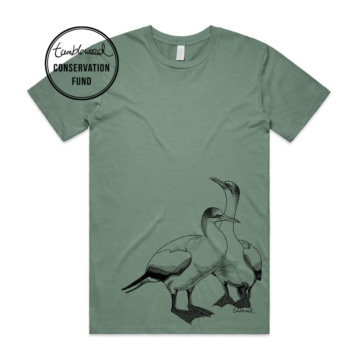 Sage, female t-shirt featuring a screen printed gannet design.