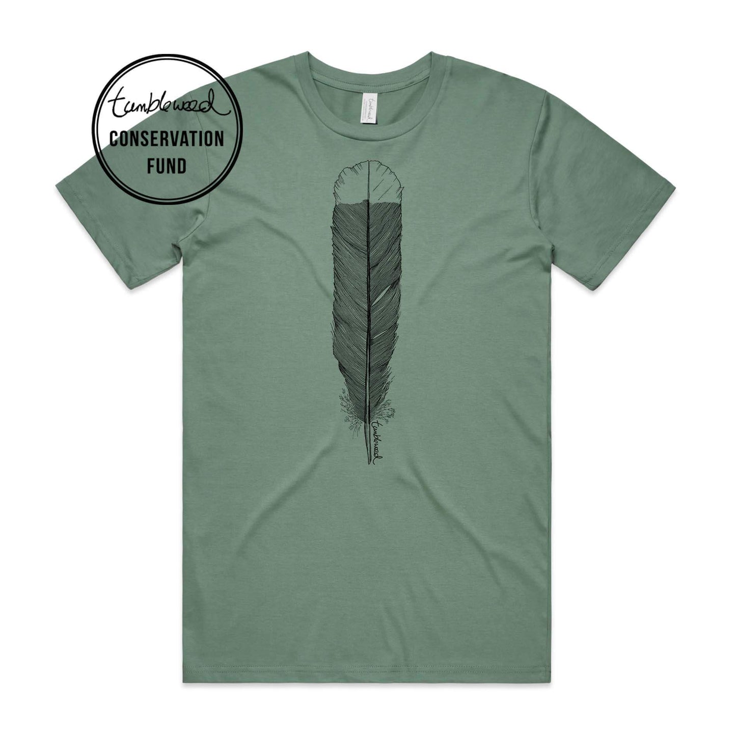Sage, female t-shirt featuring a screen printed huia feather design.