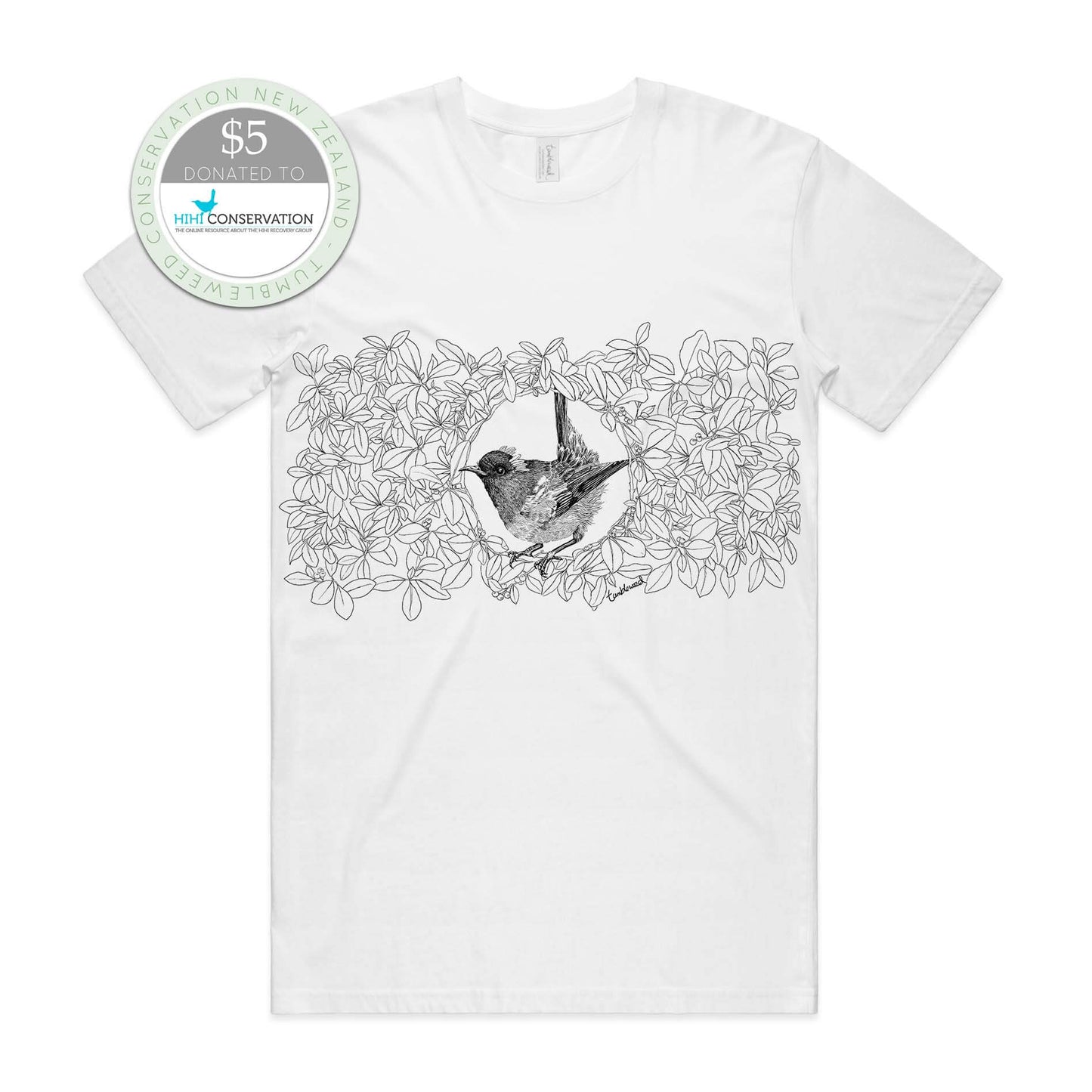 Grey marle, female t-shirt featuring a screen printed Hihi/Stitchbird design.