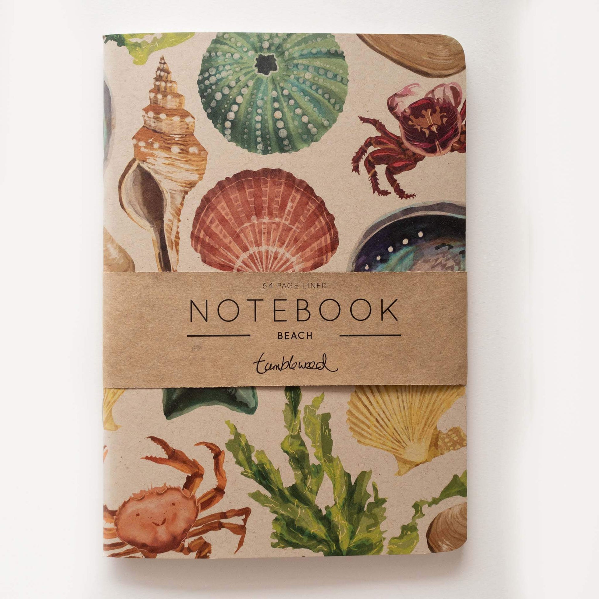 Kraft cover, painted NZ beach notebook with rounded corners, packaged with a kraft belly band.