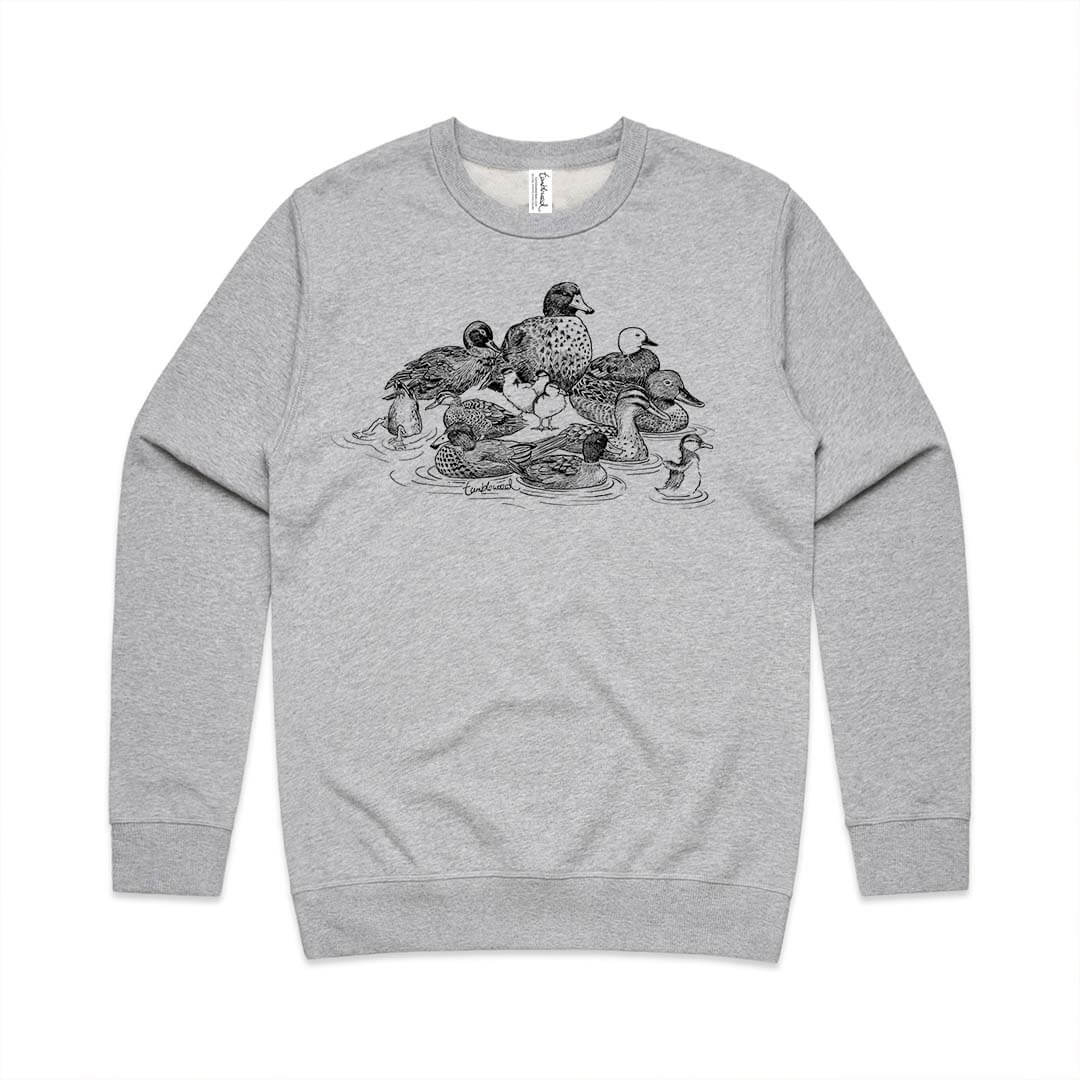 Grey marle unisex sweatshirt with a screen printed NZ Ducks design.