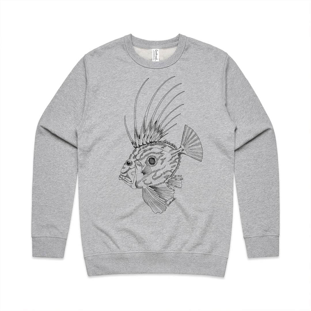 Grey marle unisex sweatshirt with a screen printed John Dory design.