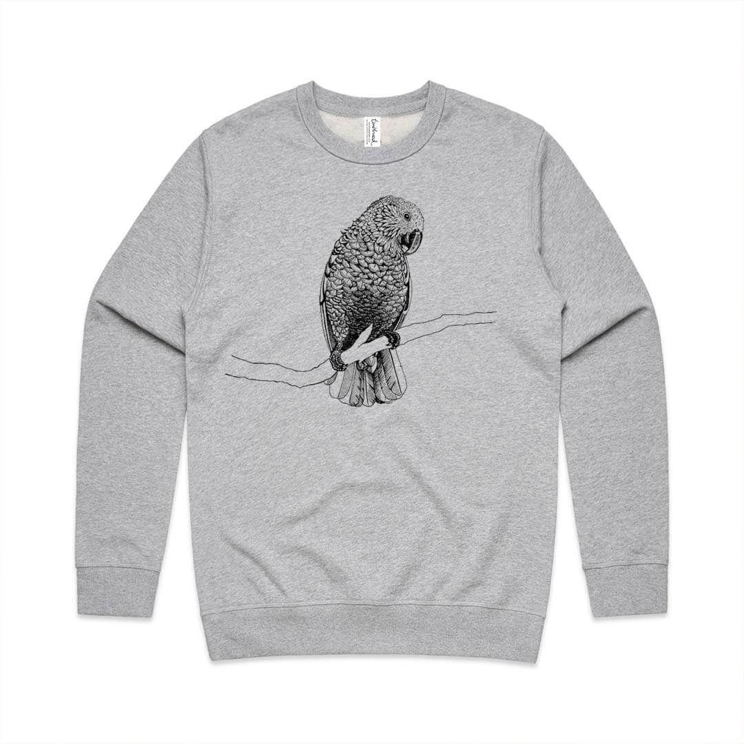 Grey marle unisex sweatshirt with a screen printed kaka design.