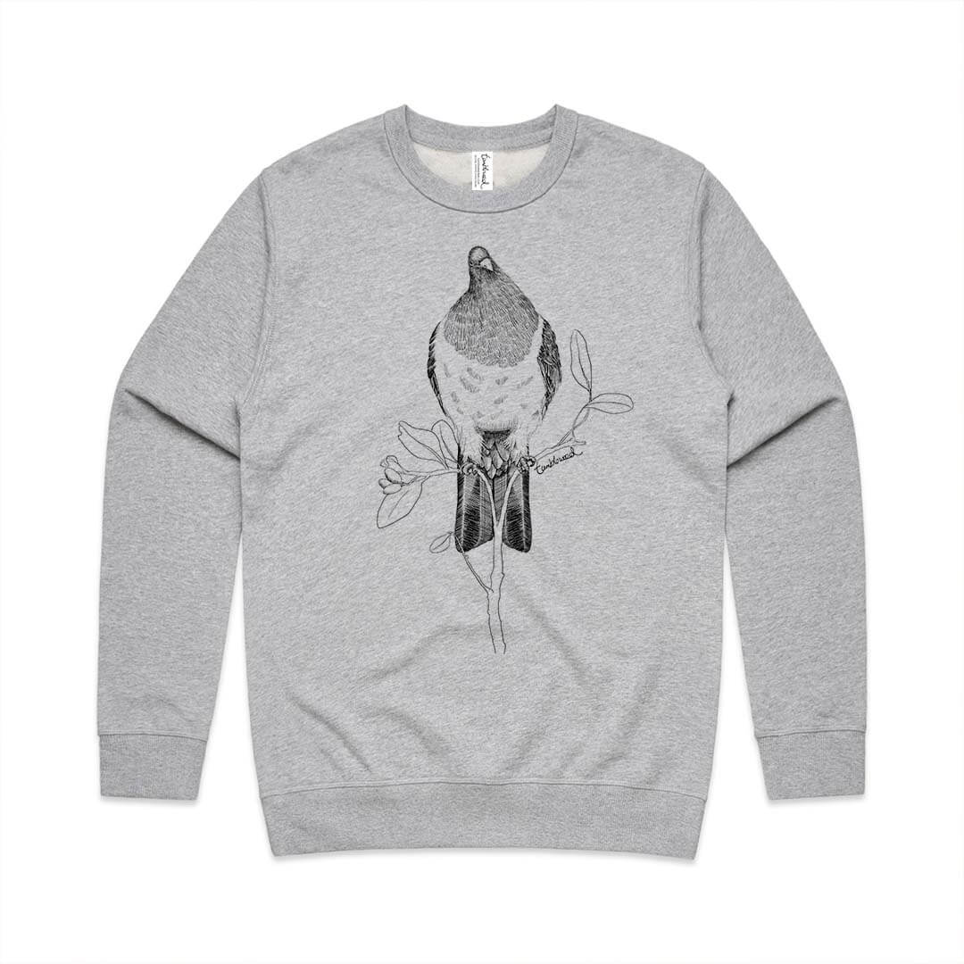 Grey marle unisex sweatshirt with a screen printed Kererū design.