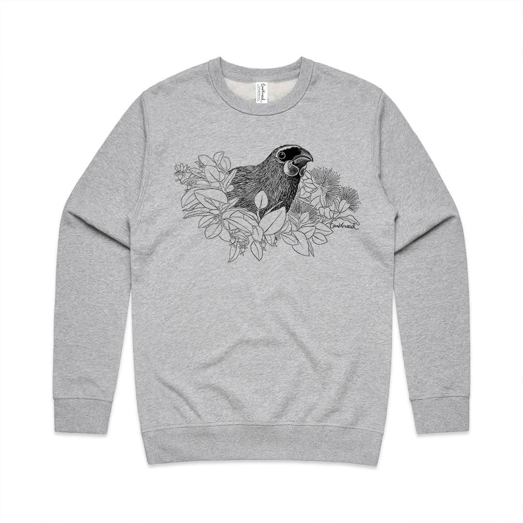 Grey marle unisex sweatshirt with a screen printed Kōkako design.