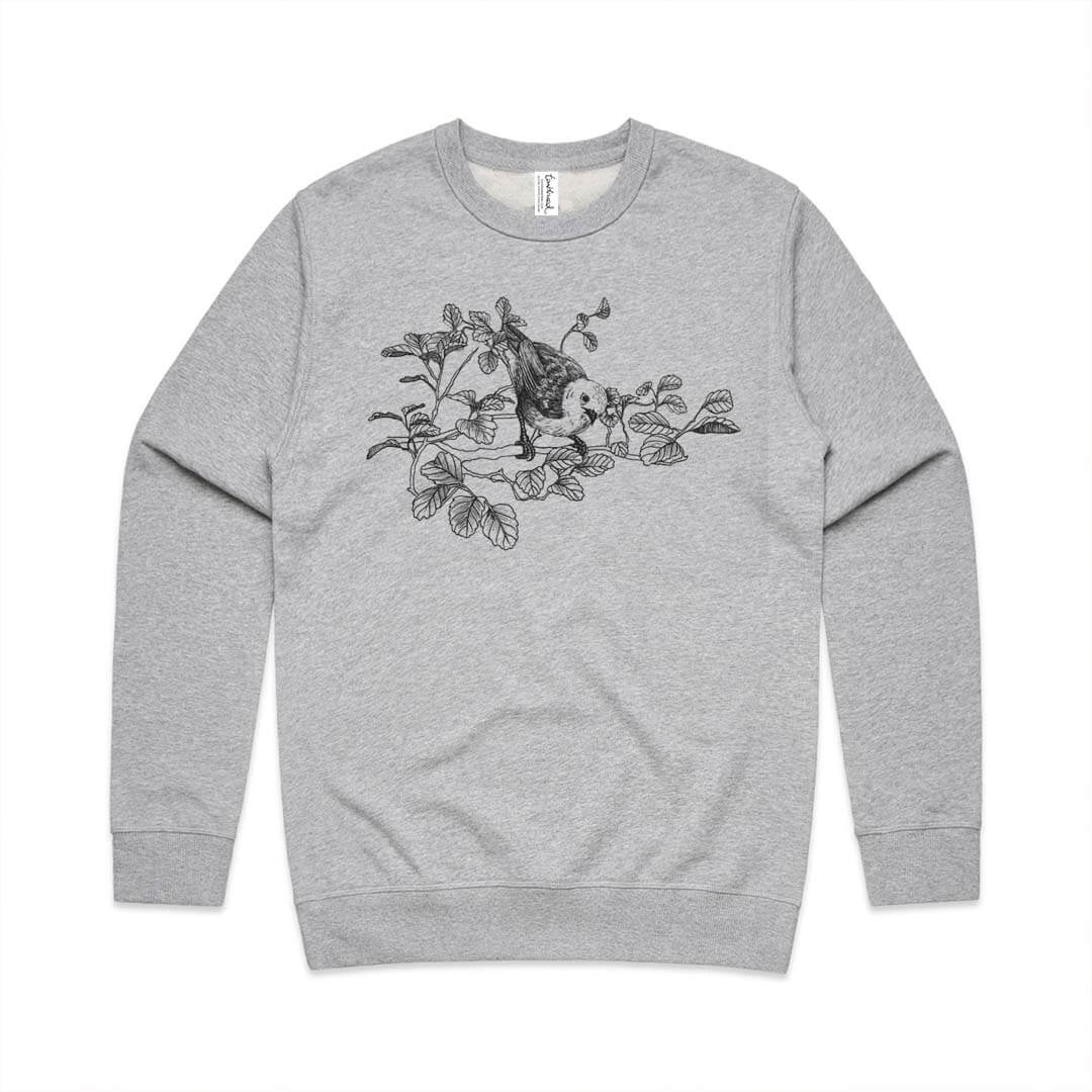 Grey marle unisex sweatshirt with a screen printed mohua/yellowhead design.