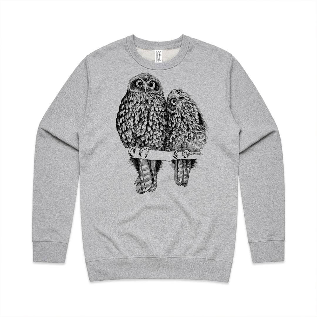 Grey marle unisex sweatshirt with a screen printed Morepork/Ruru design.