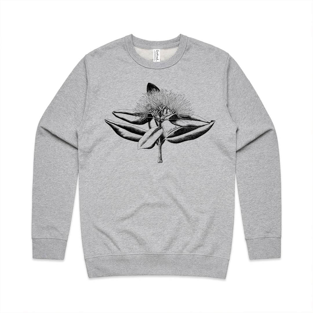 Grey marle unisex sweatshirt with a screen printed Pōhutukawa design.