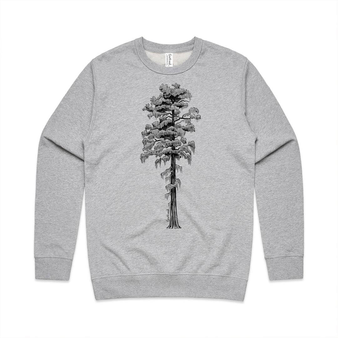 Grey marle unisex sweatshirt with a screen printed rimu design.