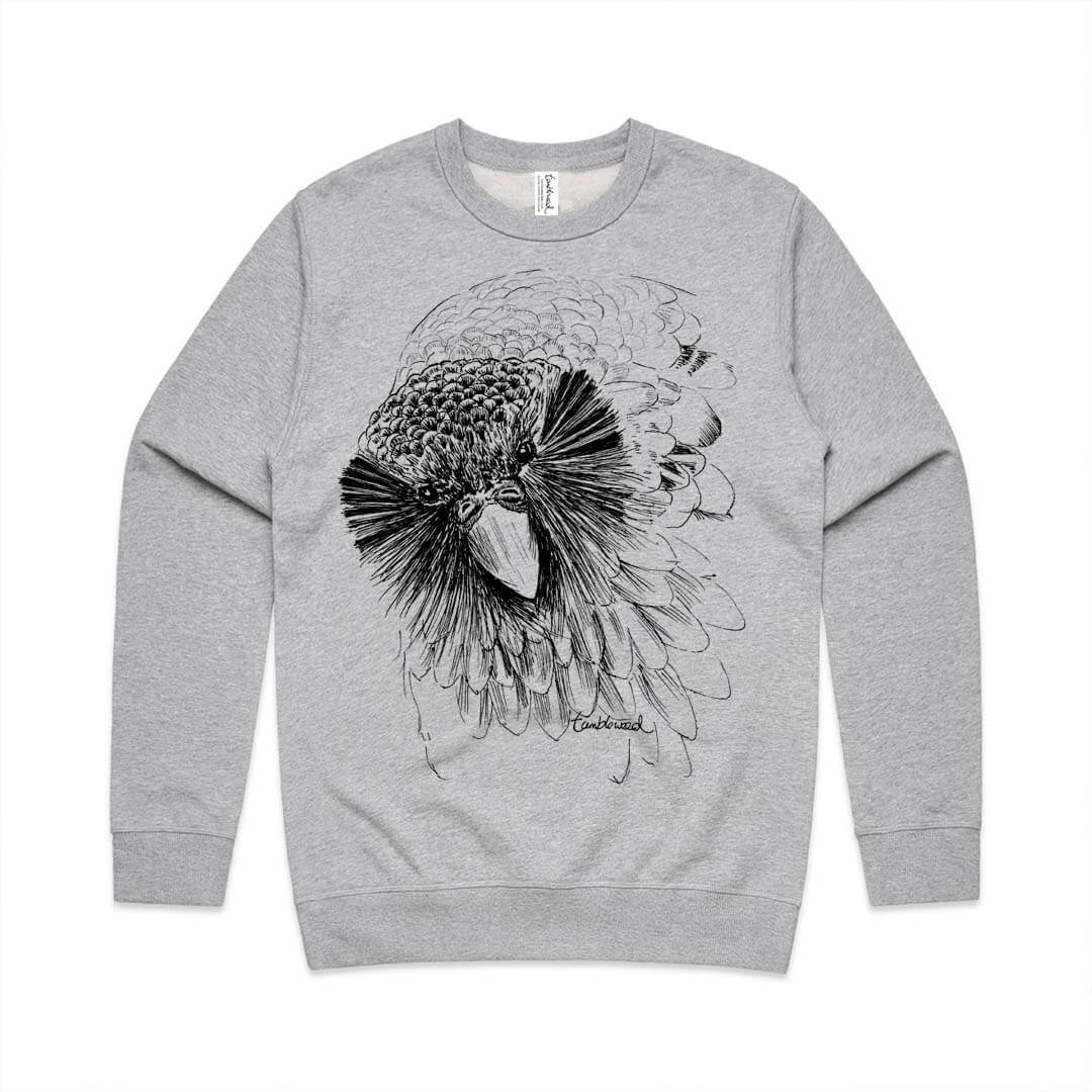 Grey marle unisex sweatshirt with a screen printed Sirocco the Kākāpō design.