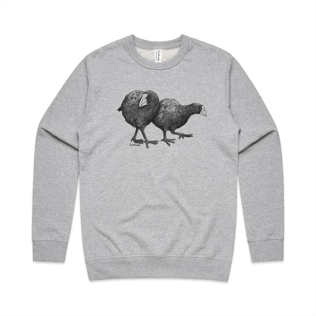 Grey marle unisex sweatshirt with a screen printed Takahē design.