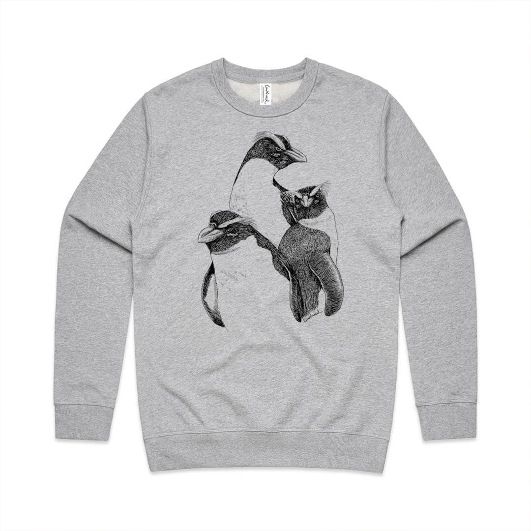 Grey marle unisex sweatshirt with a screen printed Fiordland Crested Penguin/Tawaki design.