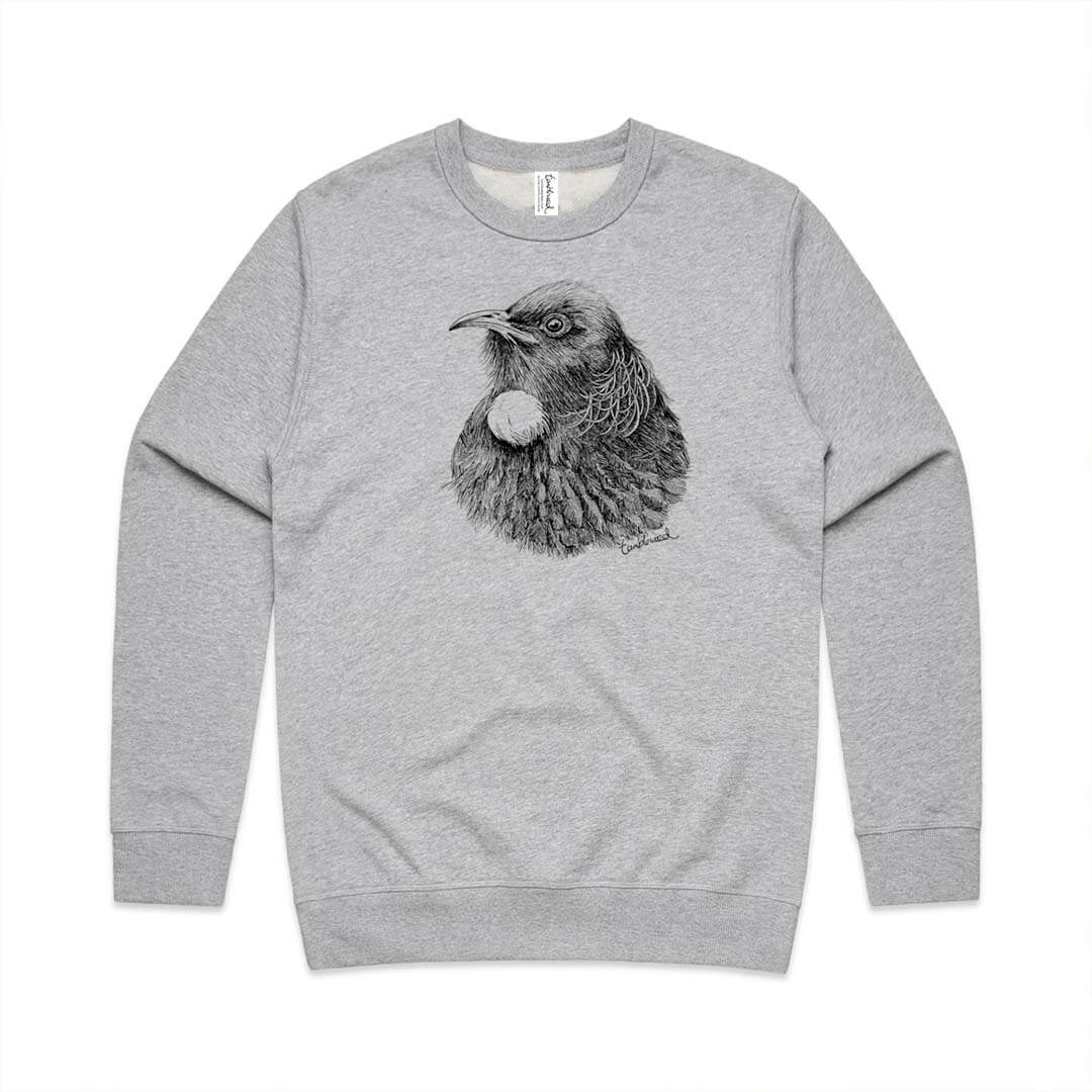 Grey marle unisex sweatshirt with a screen printed Tui design.