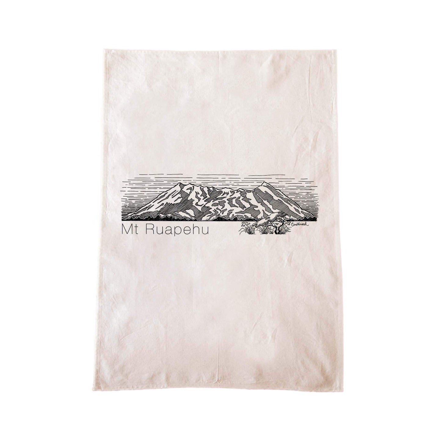 Off-white cotton tea towel with a screen printed Mt Ruapehu design.