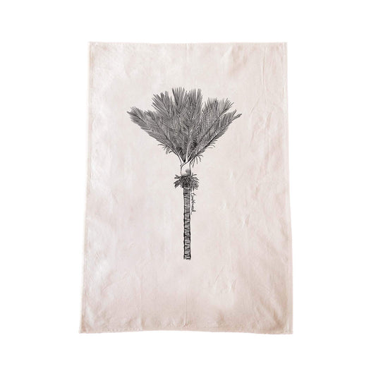 Off-white cotton tea towel with a screen printed Nīkau design.