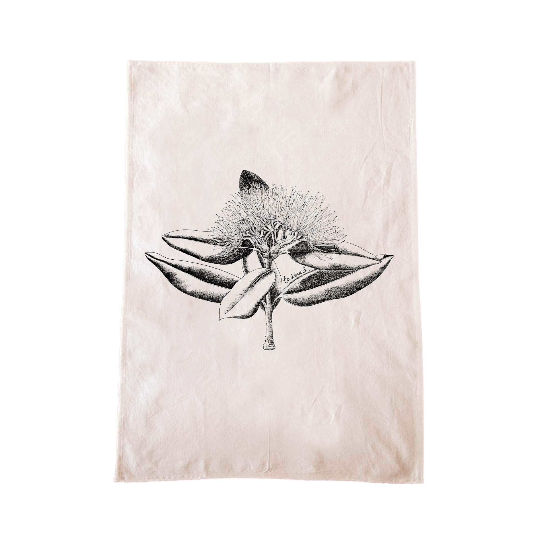 Off-white cotton tea towel with a screen printed Pohutukawa design.