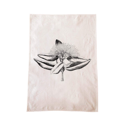 Off-white cotton tea towel with a screen printed Pohutukawa design.