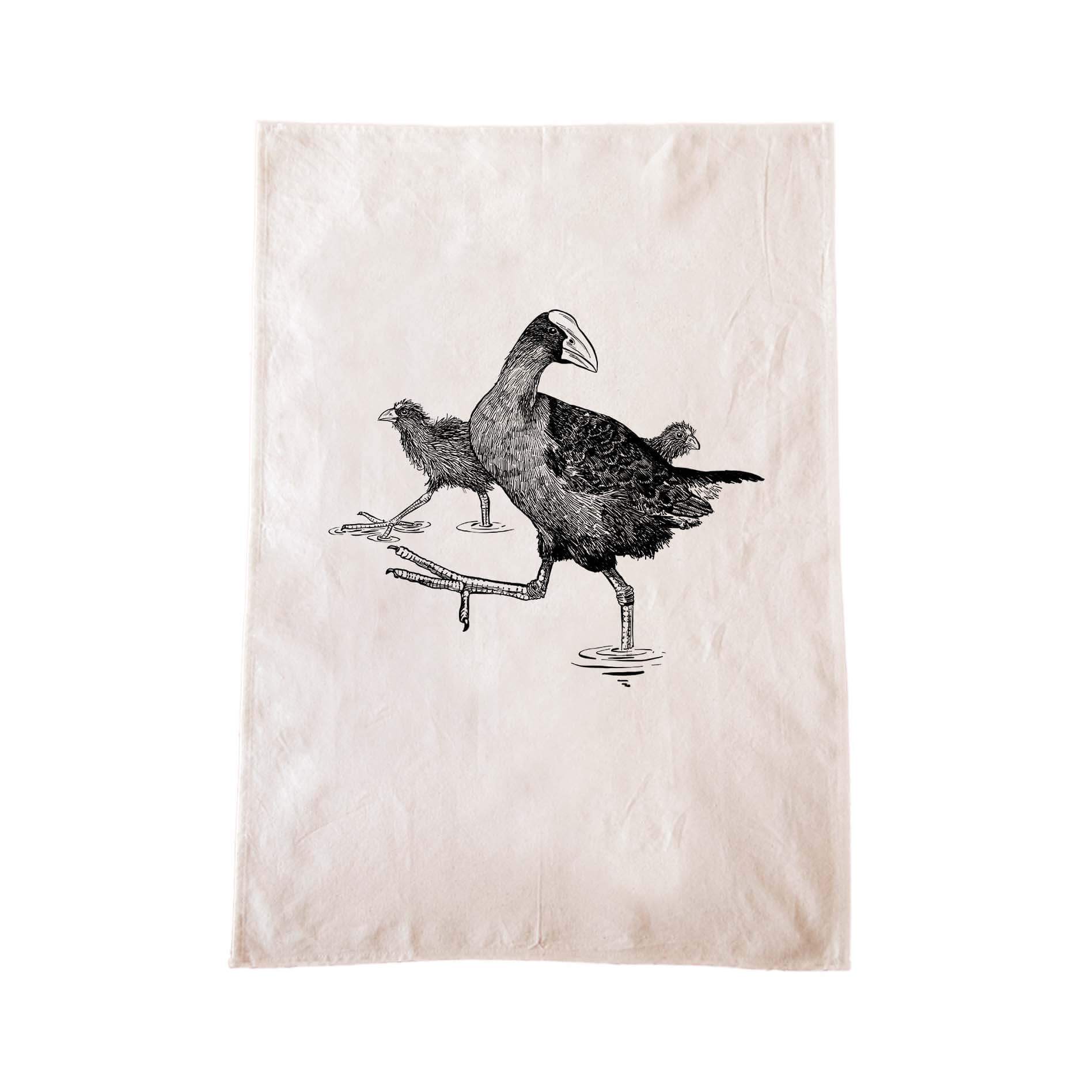 Off-white cotton tea towel with a screen printed Pūkeko design.