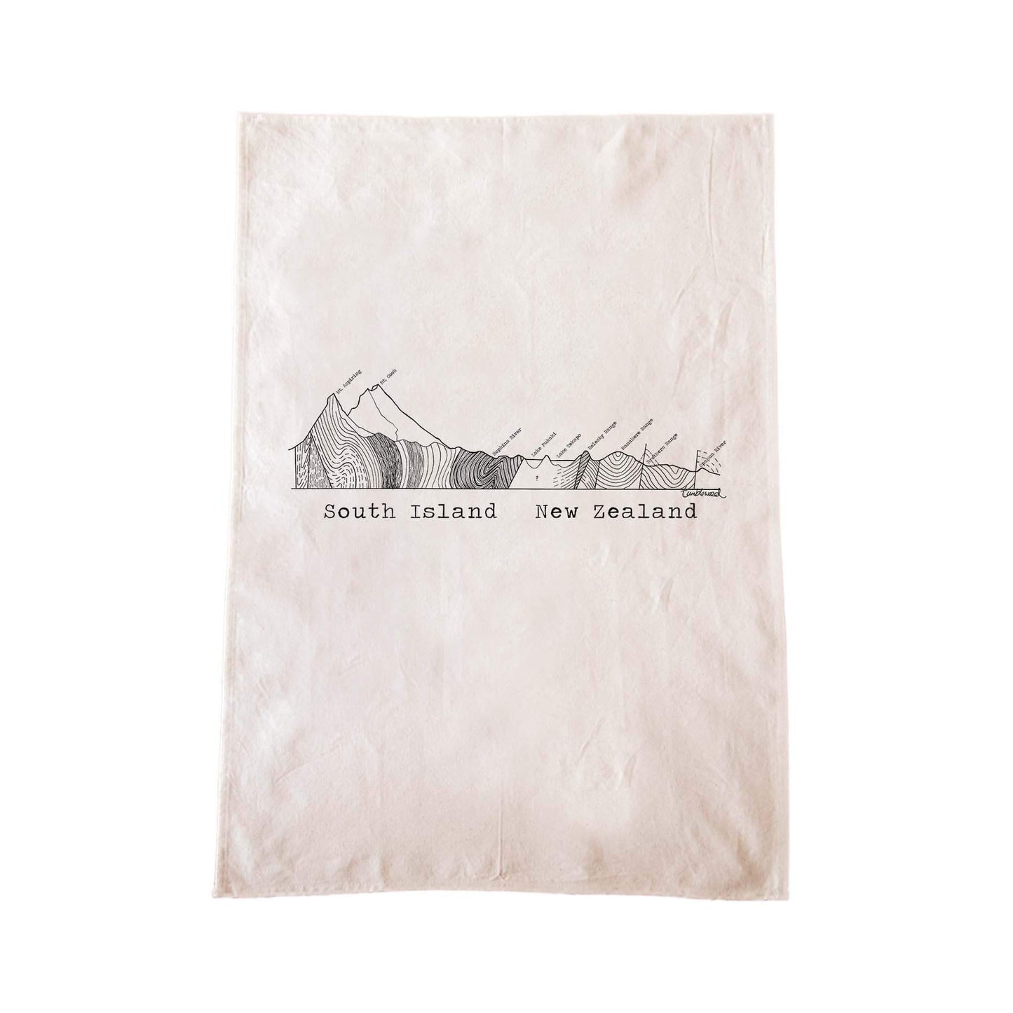 Off-white cotton tea towel with a screen printed South Island Cross Section design.
