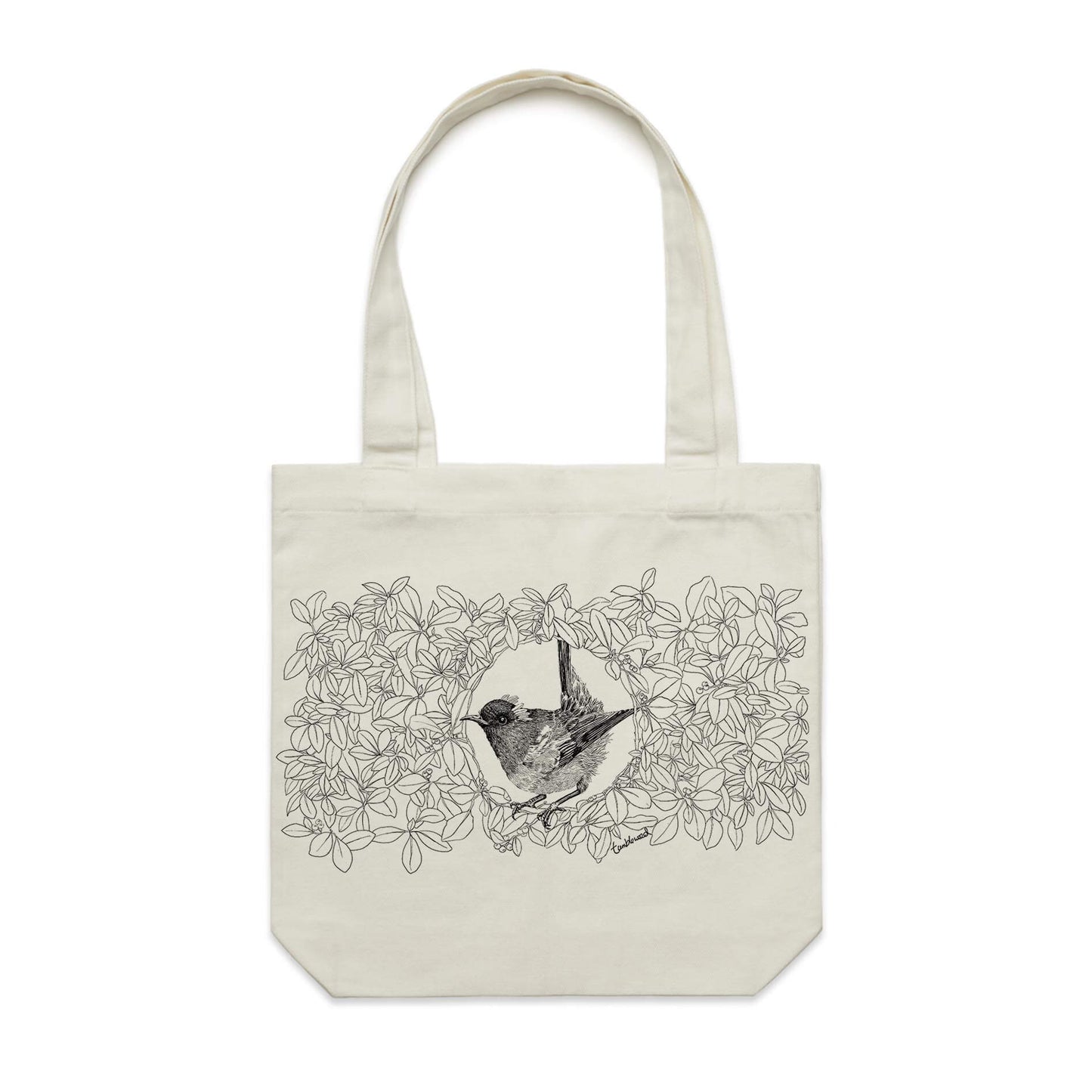 Cotton canvas tote bag with a screen printed Hihi/Stitchbird design.