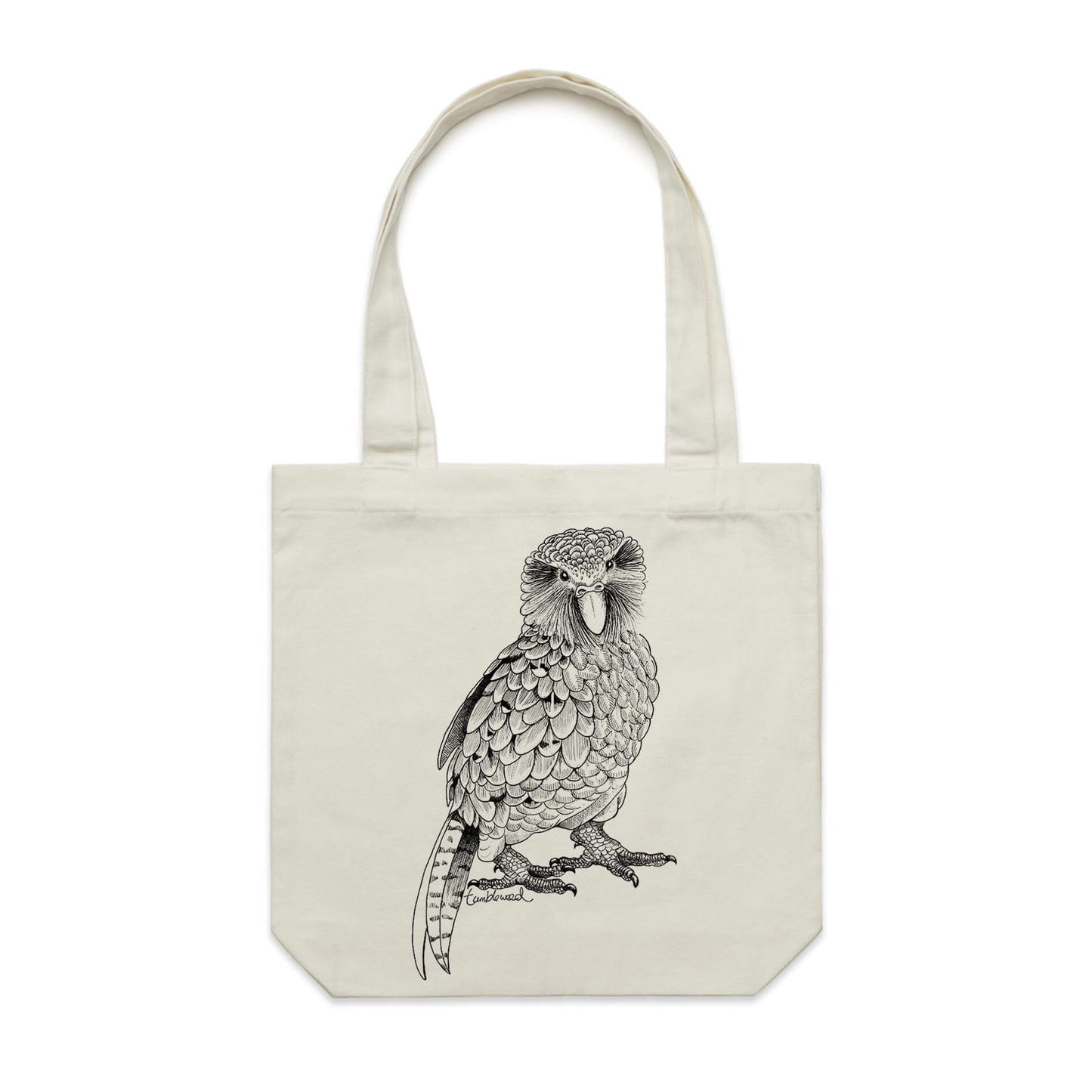 Cotton canvas tote bag with a screen printed Kākāpō design.