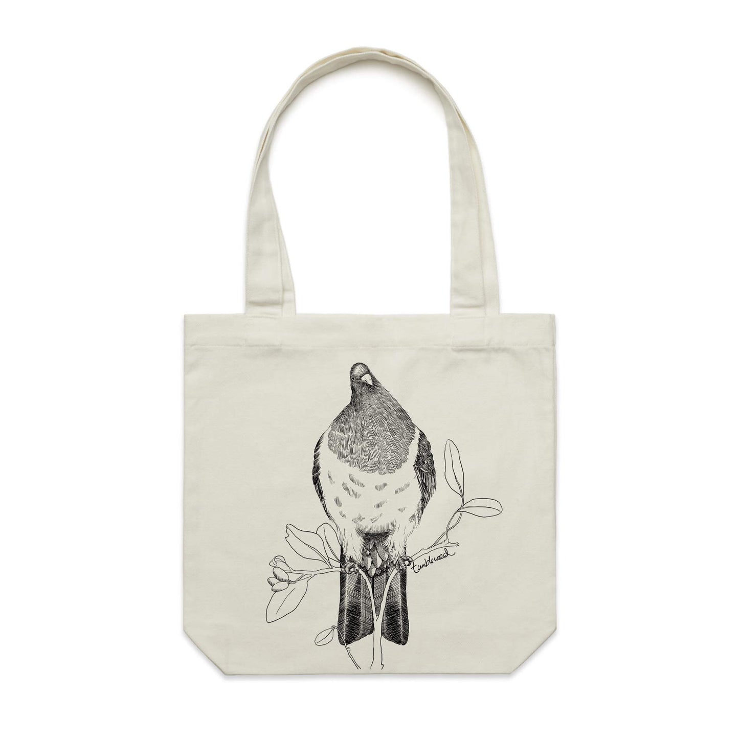 Cotton canvas tote bag with a screen printed Kererū design.