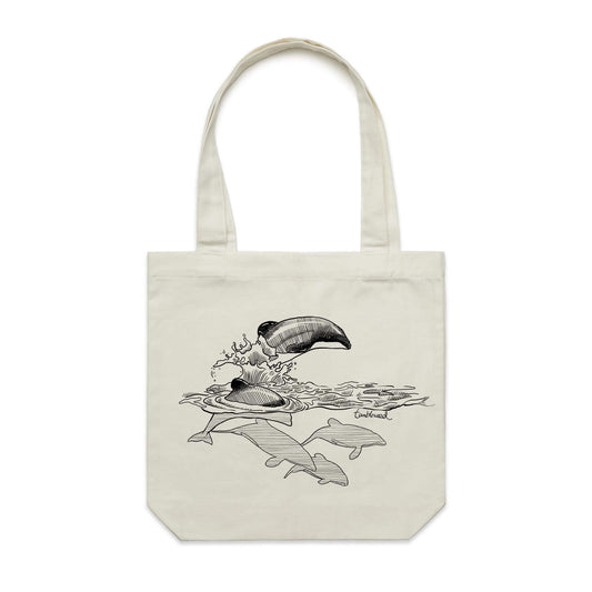 Cotton canvas tote bag with a screen printed Māui dolphin design.