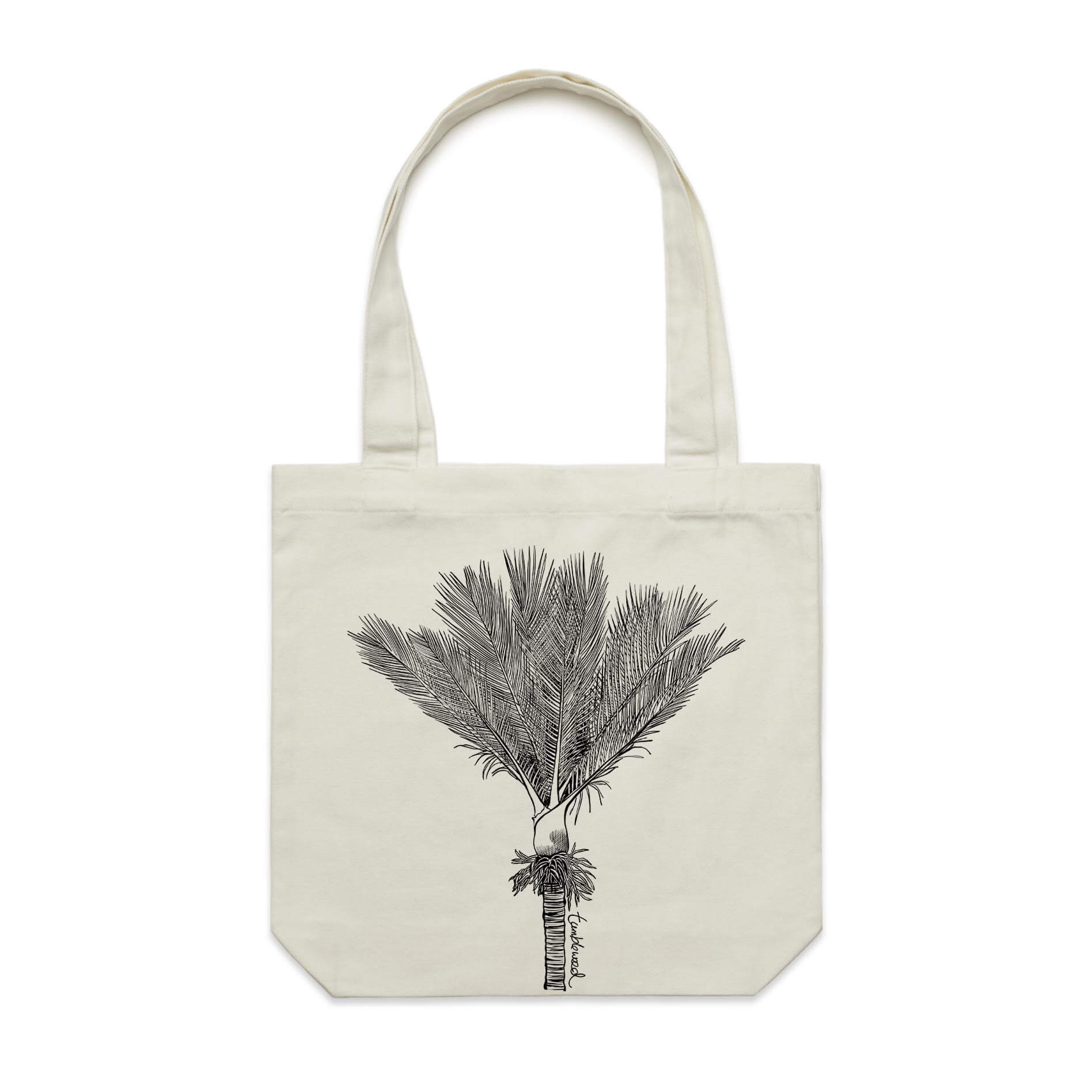 Cotton canvas tote bag with a screen printed Nīkau design.