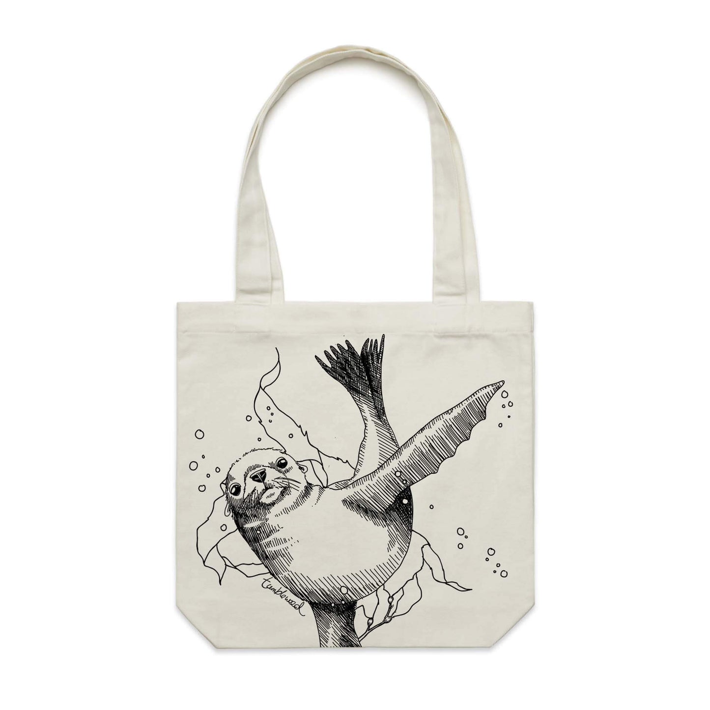 Cream tote bag featuring a screen printed New Zealand sea lion design.