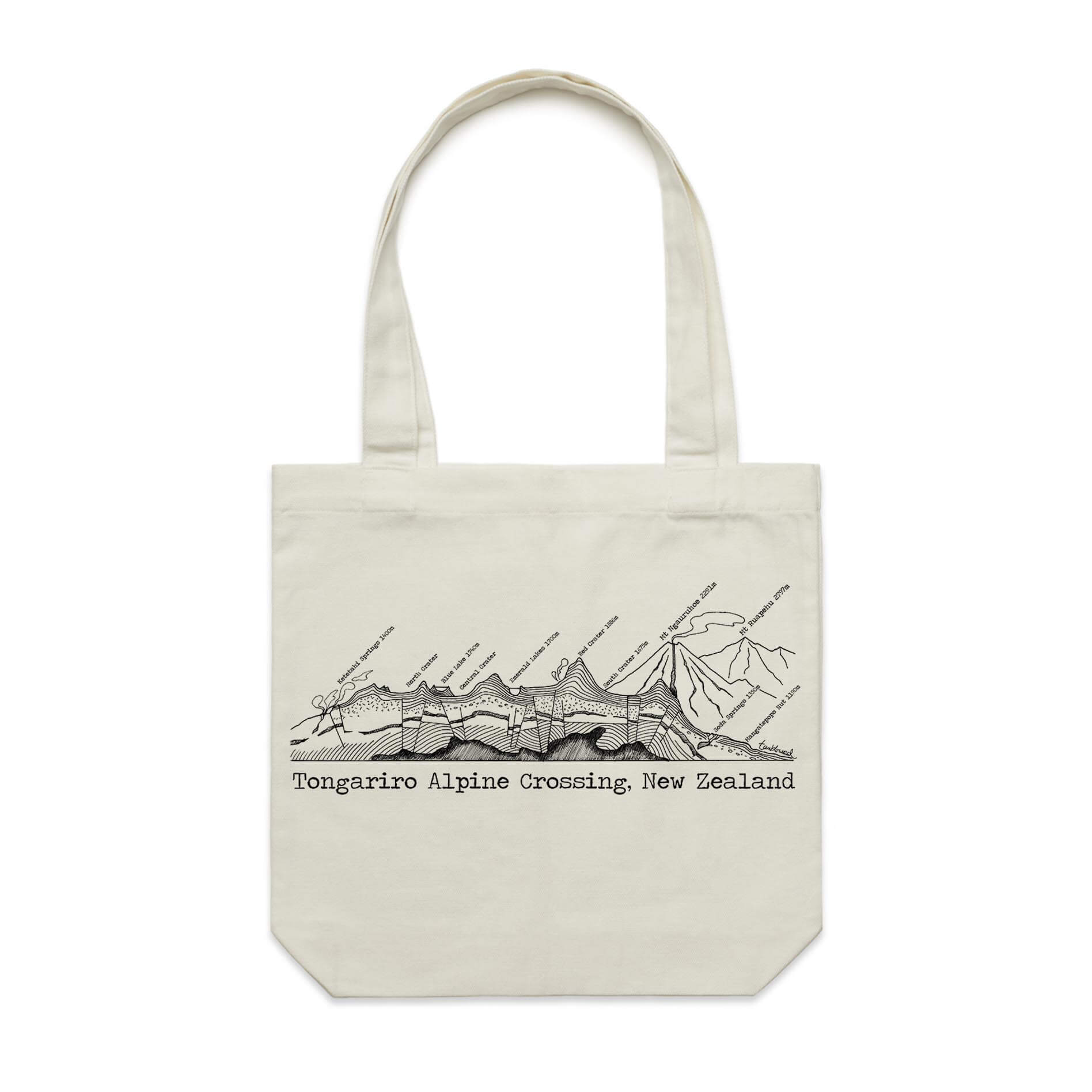 Cotton canvas tote bag with a screen printed Tongariro Crossing design.