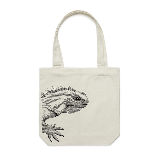 Cotton canvas tote bag with a screen printed Tuatara design.