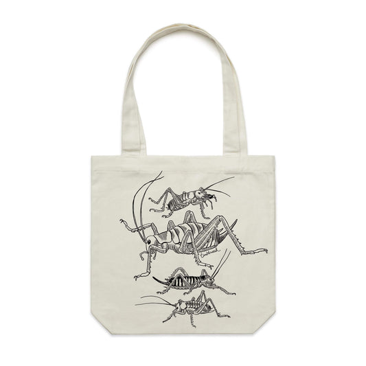Cotton canvas tote bag with a screen printed Weta design.